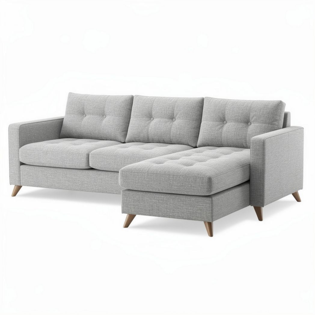 Ecksofa aus grauem stoff mit schlaffunktion und holzfüßen 250 x 150 x 80cm