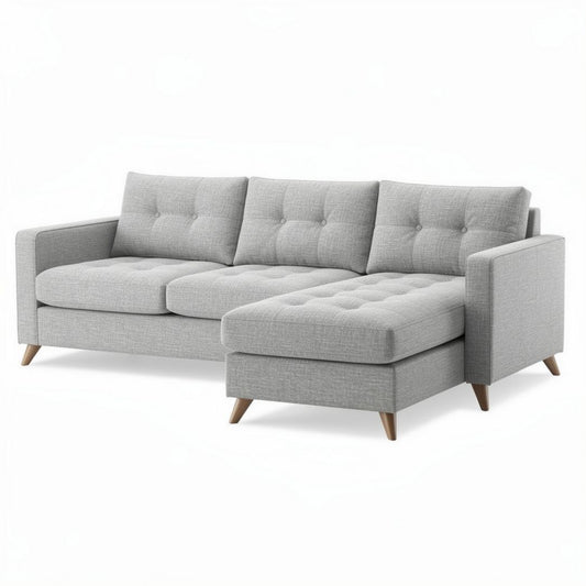 Ecksofa aus grauem stoff mit schlaffunktion und holzfüßen 250 x 150 x 80cm