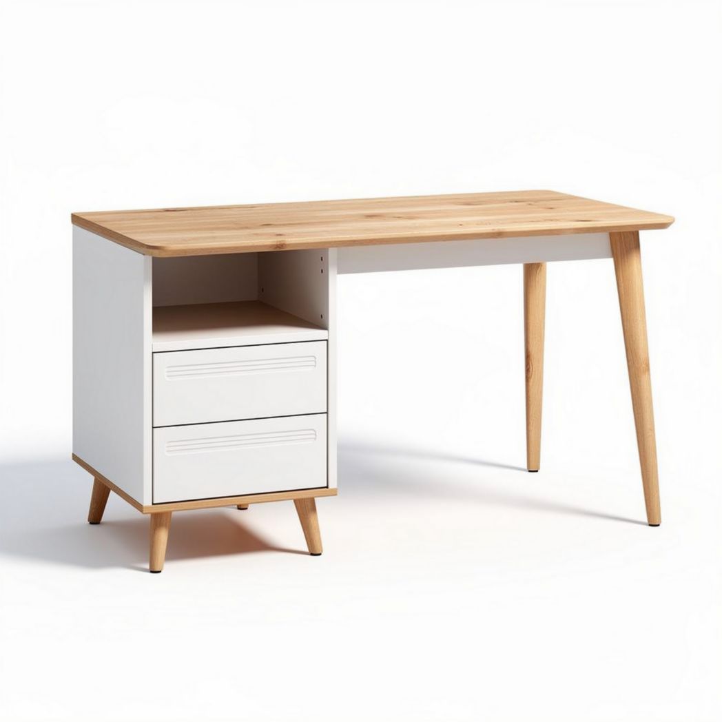 Schreibtisch aus Holz mit zwei Schubladen in weiß und natur 120 x 60 x 75cm