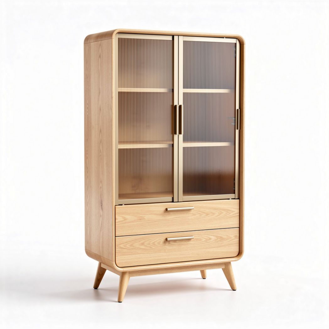 Vitrine aus hellem Holz mit zwei Schubladen und gläsernen Türen 120 x 60 x 180cm